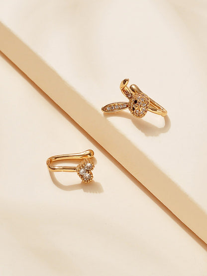 Rhinestone Heart & Rabbit Nose Cuffs – 2PCS Set