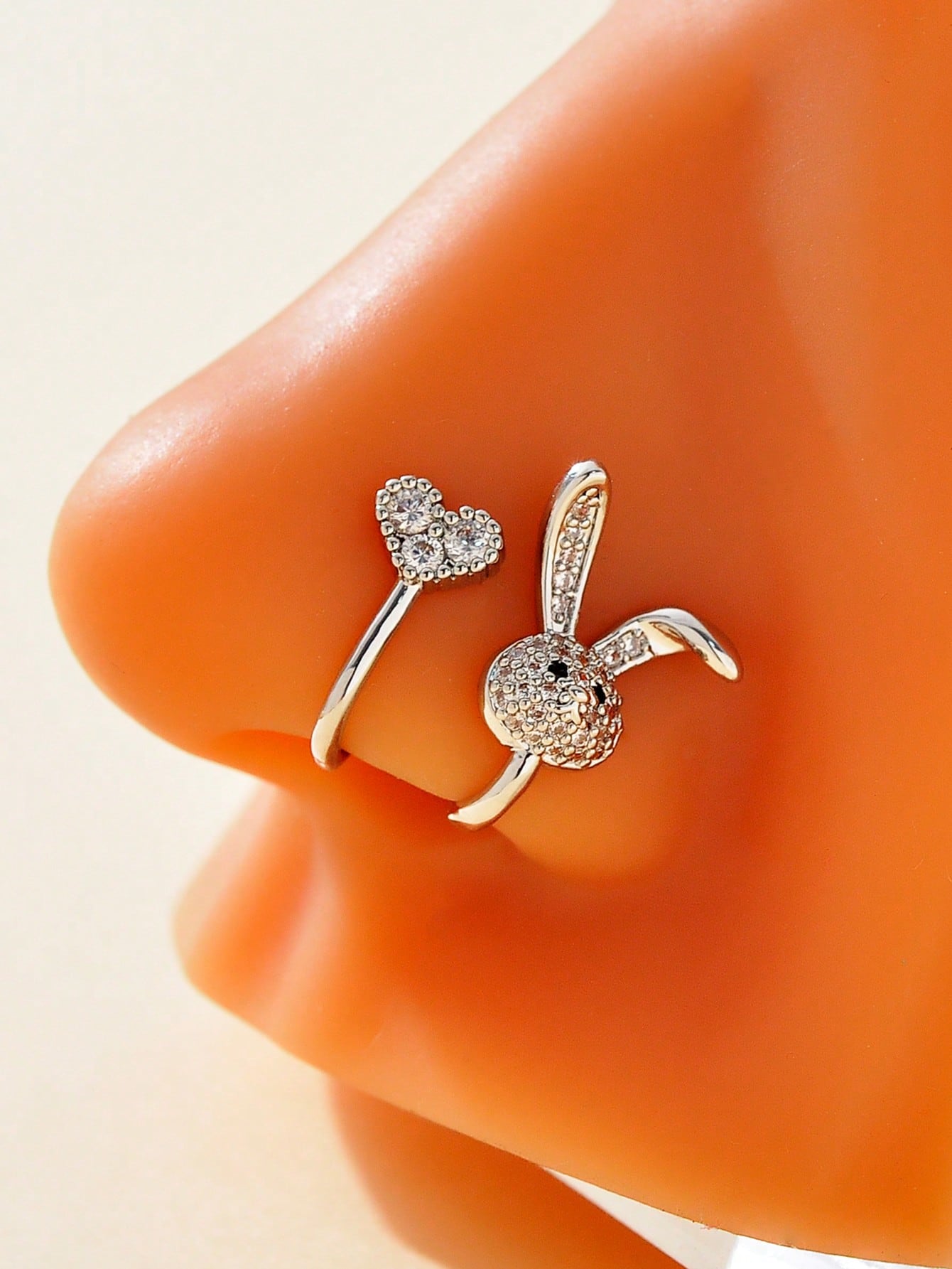 Rhinestone Heart & Rabbit Nose Cuffs – 2PCS Set