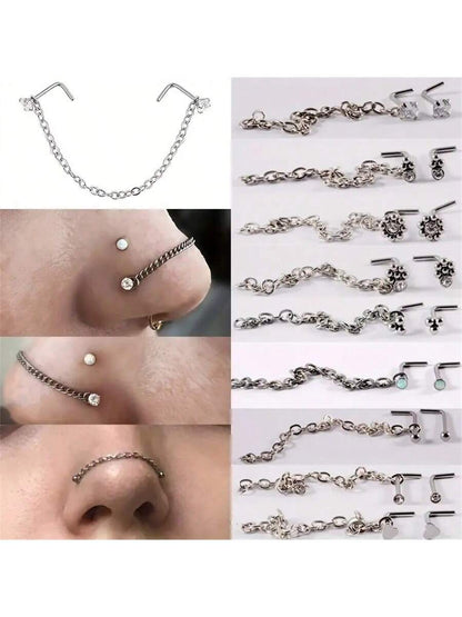 Opal Heart Double Nose Stud Chain – Stainless Steel
