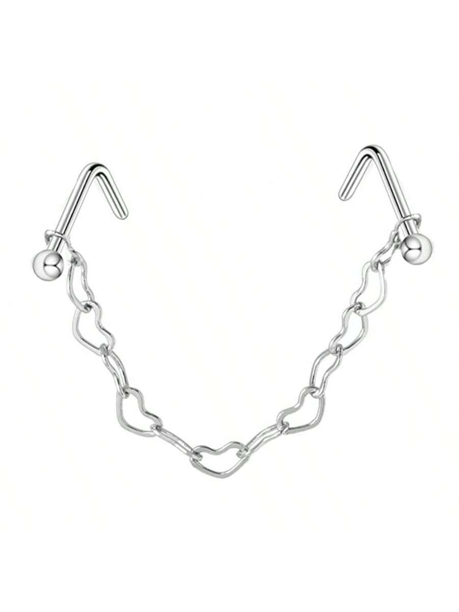 Opal Heart Double Nose Stud Chain – Stainless Steel