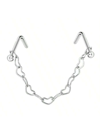 Opal Heart Double Nose Stud Chain – Stainless Steel