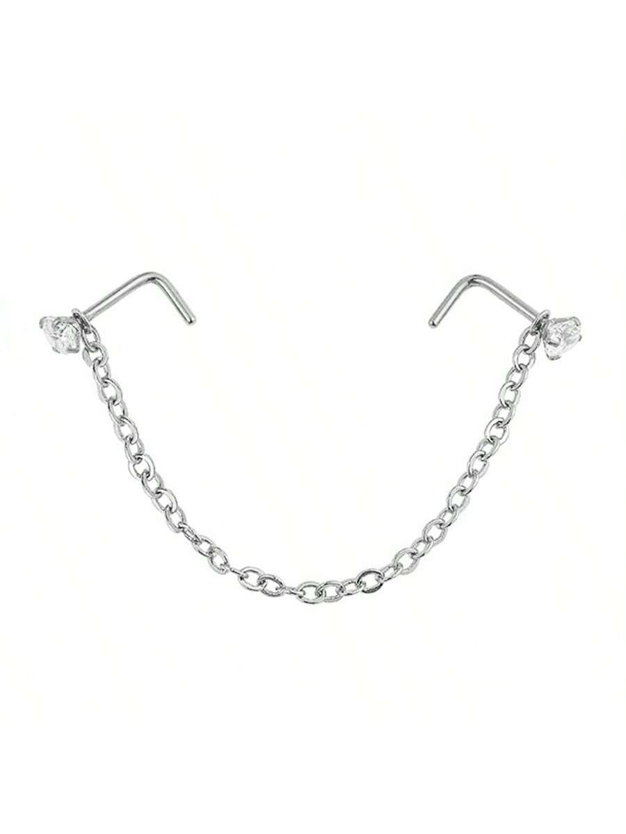 Opal Heart Double Nose Stud Chain – Stainless Steel