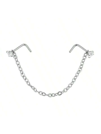 Opal Heart Double Nose Stud Chain – Stainless Steel