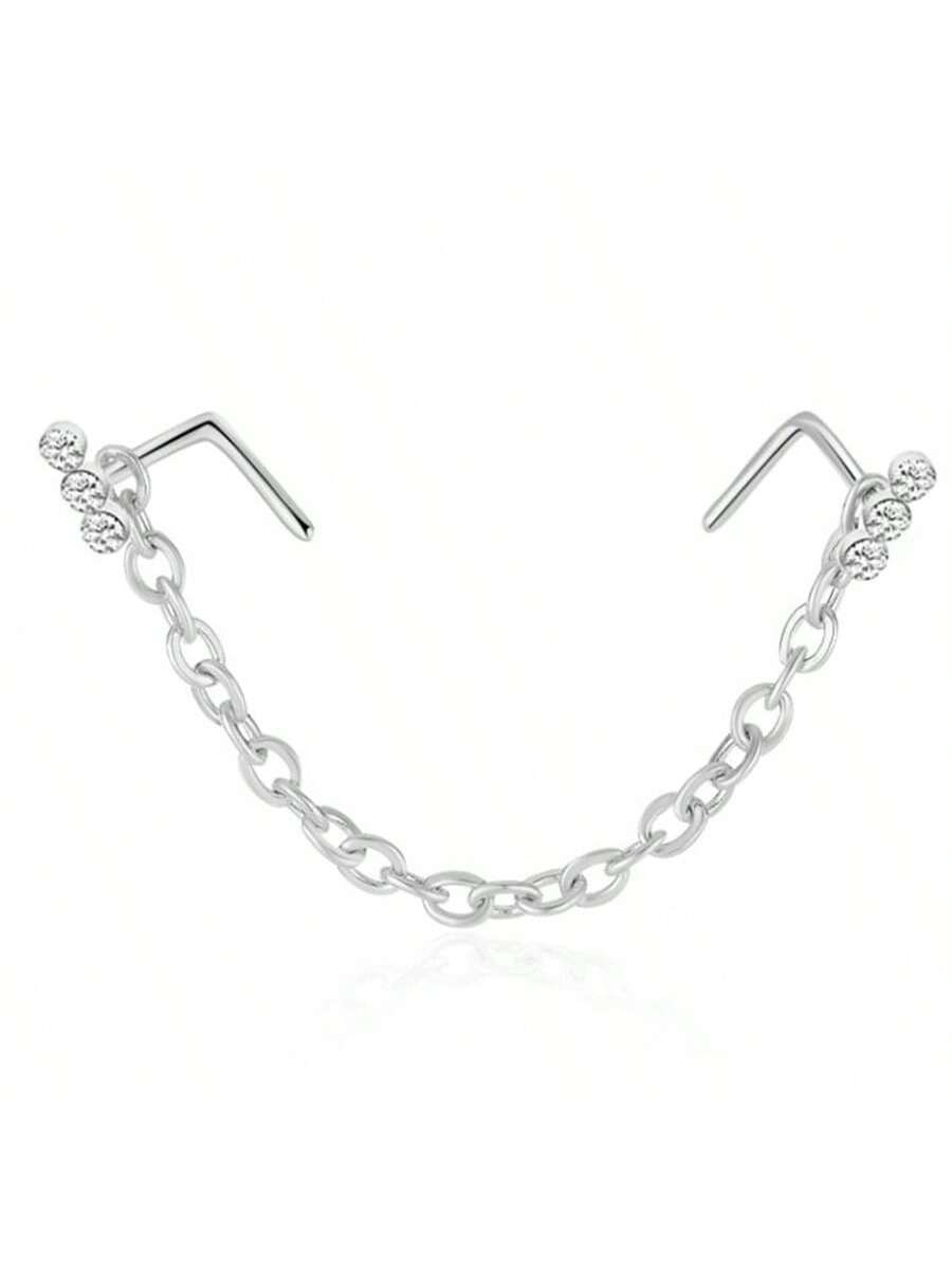 Opal Heart Double Nose Stud Chain – Stainless Steel
