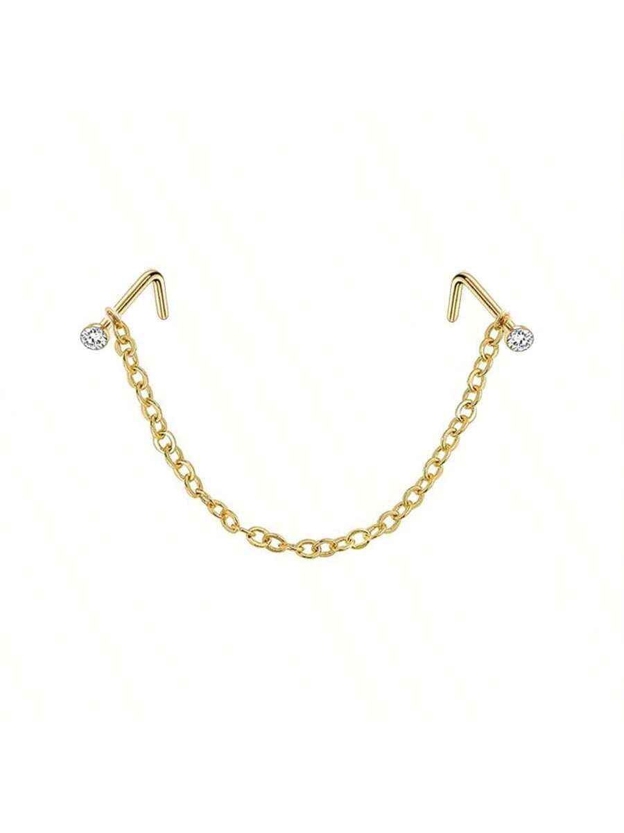 Opal Heart Double Nose Stud Chain – Stainless Steel