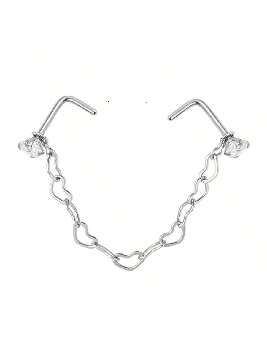 Opal Heart Double Nose Stud Chain – Stainless Steel