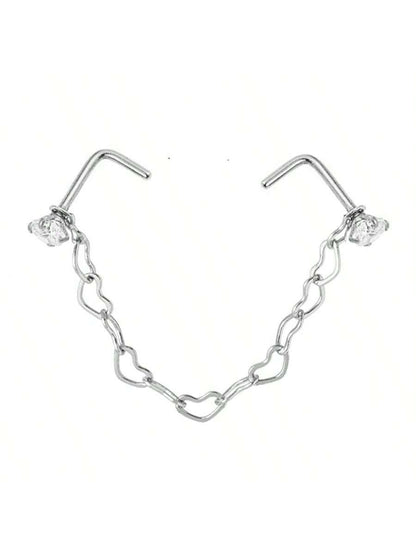 Opal Heart Double Nose Stud Chain – Stainless Steel