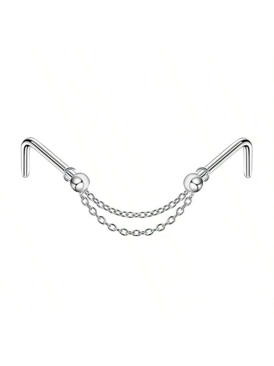 Opal Heart Double Nose Stud Chain – Stainless Steel