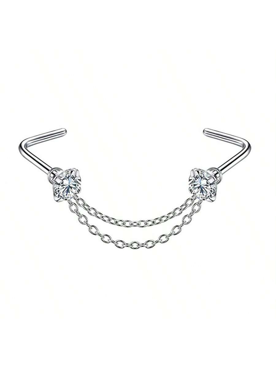Opal Heart Double Nose Stud Chain – Stainless Steel