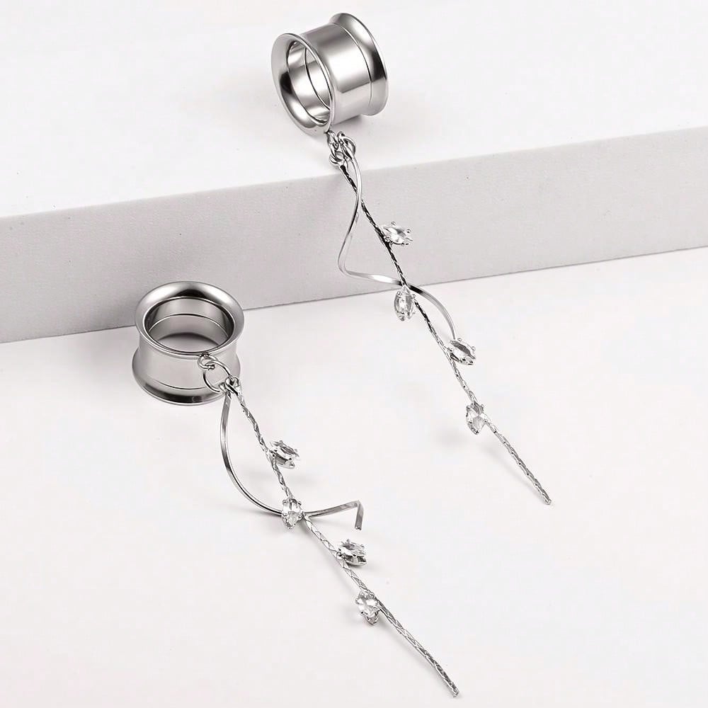 Stainless Steel Circle Dangle Ear Plugs with Chain – 2PCS