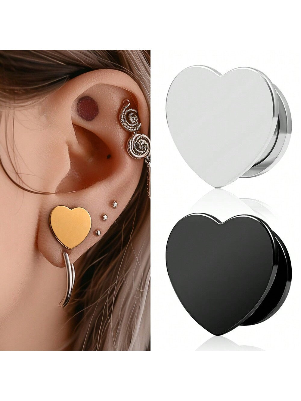 Elegant Heart Stainless Steel Ear Gauges – 2PCS