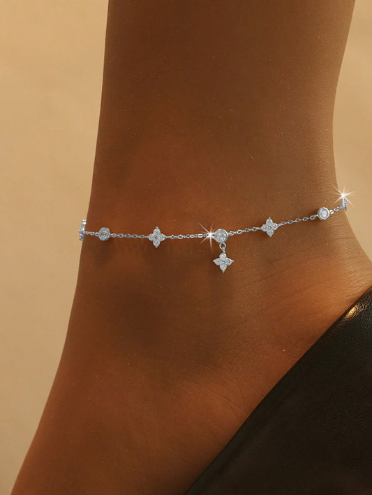 Sterling Silver Four-Leaf Clover CZ Anklet