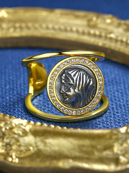 18K Gold-Plated S925 Silver Greek Queen Coin Ring