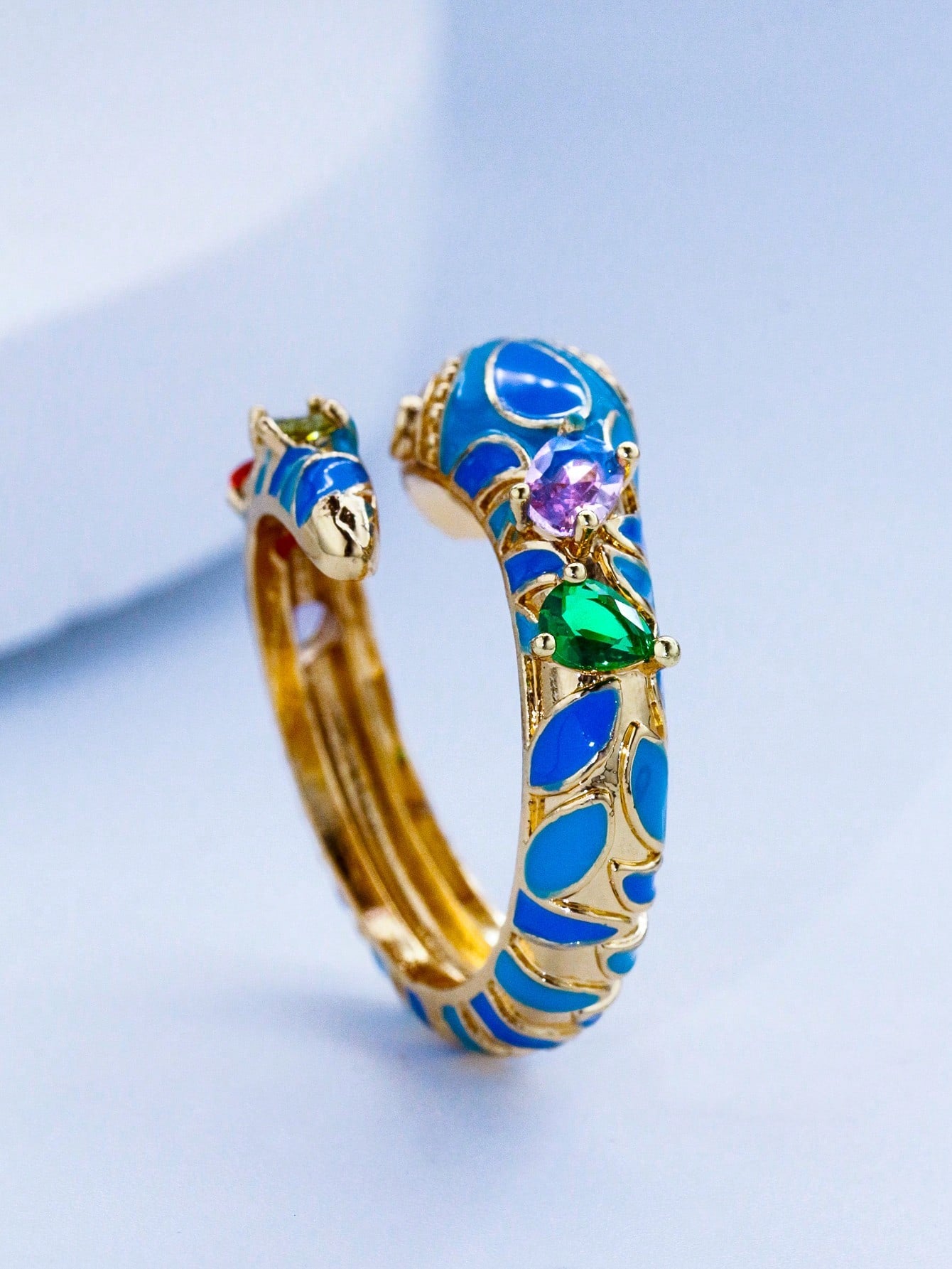 Serpentine Sparkle: Snake Design Rhinestone Cuff Ring - Embrace Exotic Glamour