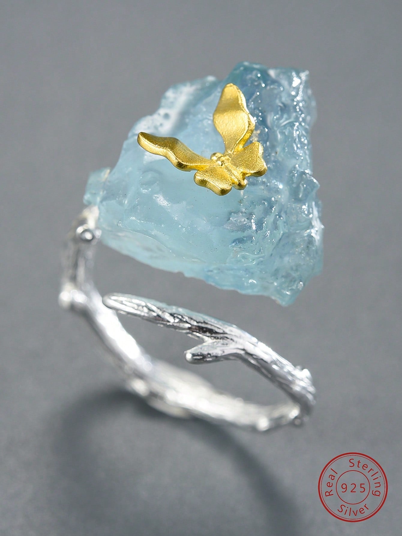 Graceful Flight: Aquamarine Butterfly Adjustable Ring - Fine Jewelry for Ladies