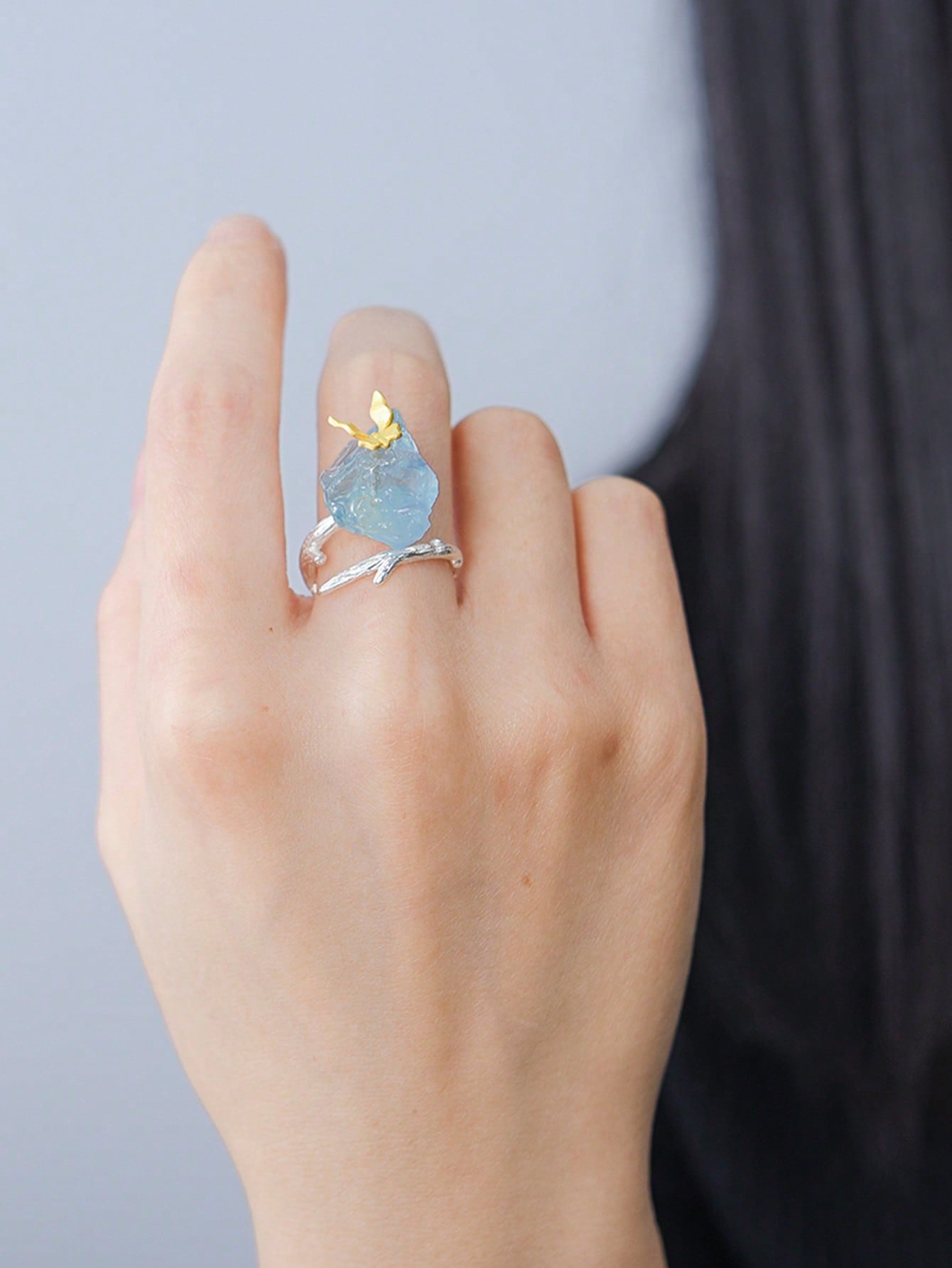 Graceful Flight: Aquamarine Butterfly Adjustable Ring - Fine Jewelry for Ladies