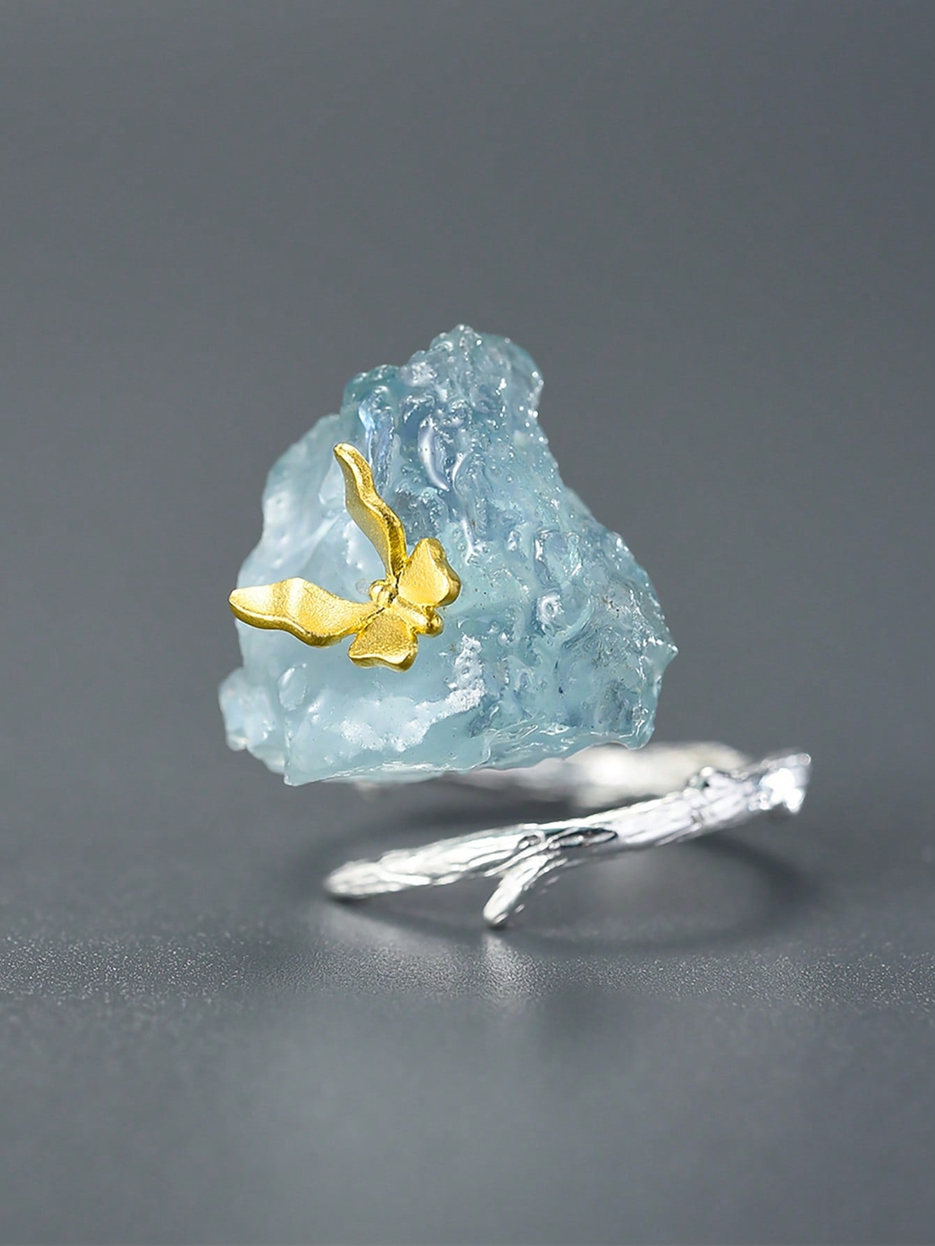 Graceful Flight: Aquamarine Butterfly Adjustable Ring - Fine Jewelry for Ladies