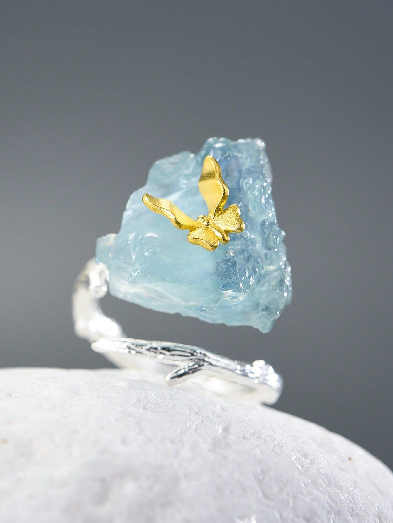 Graceful Flight: Aquamarine Butterfly Adjustable Ring - Fine Jewelry for Ladies